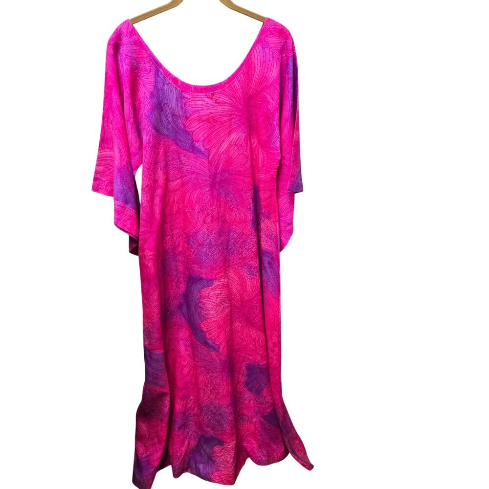 Vintage Hilo Hawaii Barkcloth Maxi Caftan Dress Bell Sleeve Small Made in USA